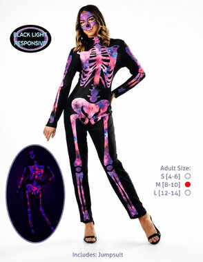 Galactic Skeleton Costume Jumpsuit Women's Medium 8/10 Black Light Halloween New